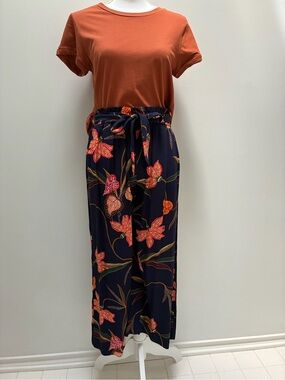 LOFT Navy Wide-Leg Floral Pants with Orange Floral Accents